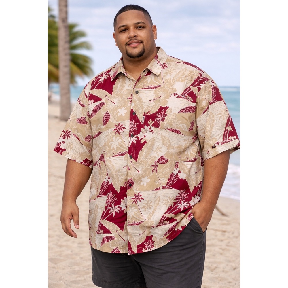 Go Barefoot Hawaiian Shirt Mens 3XL Burgundy Tan Floral Palm Tropical‎ Cotton